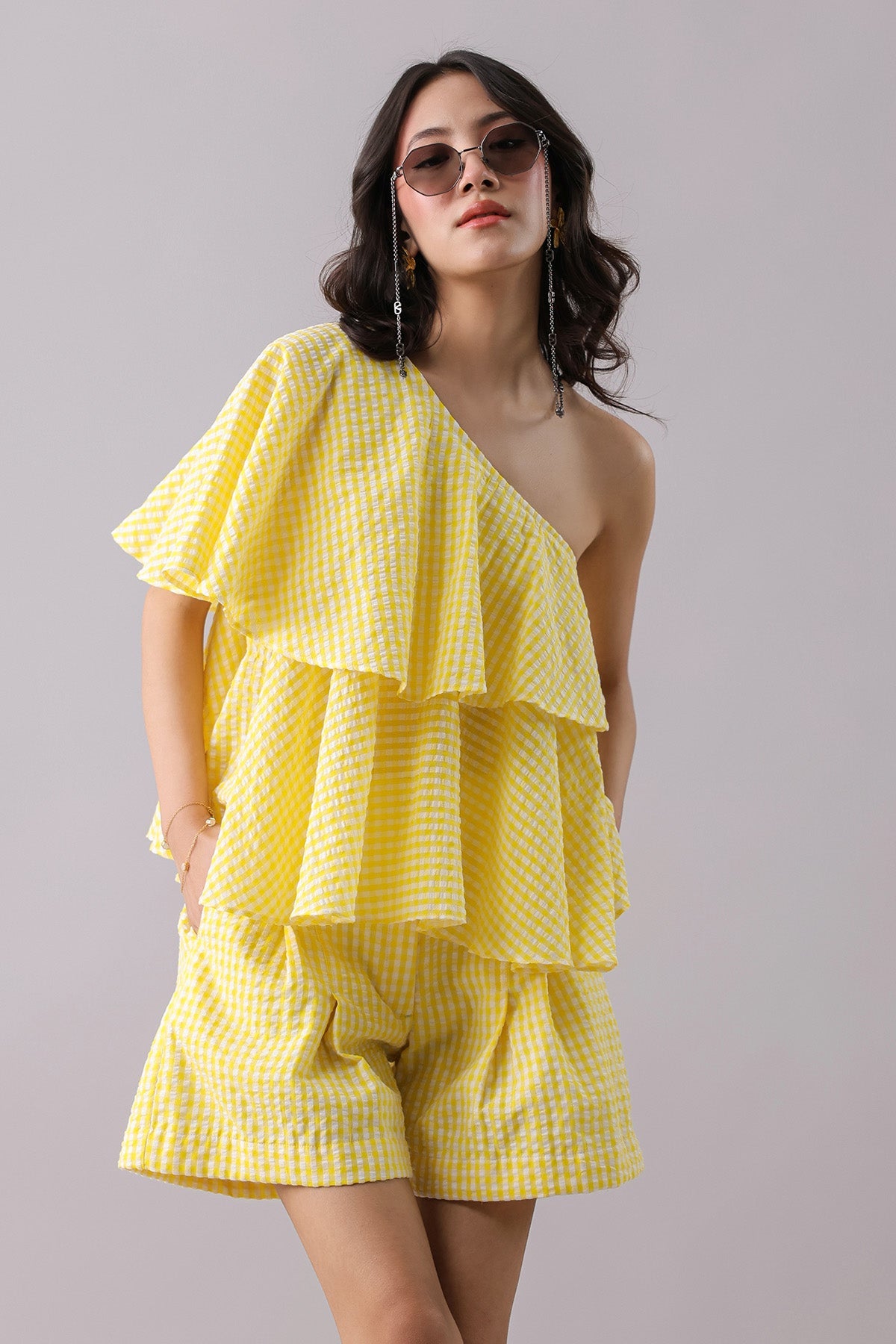 Buy Yellow One Shoulder Top & Shorts by Why Look West for women online at ScrollnShops
